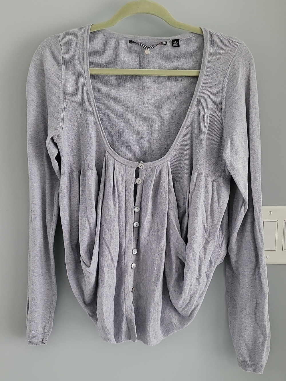 Light Gray Button-Front Knit Cardigan with Gathered Front